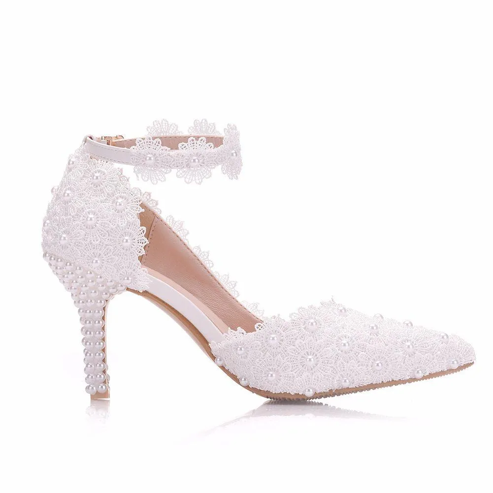 3 inch White lace pearls closed toe wedding sandals