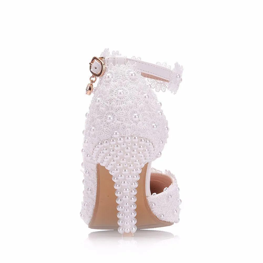 3 inch White lace pearls closed toe wedding sandals
