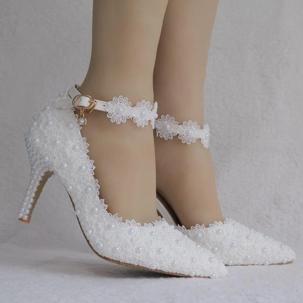 3 inch White lace pearls closed toe wedding sandals