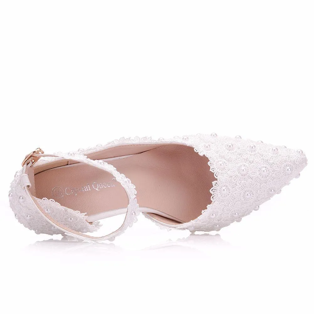 3 inch White lace pearls closed toe wedding sandals