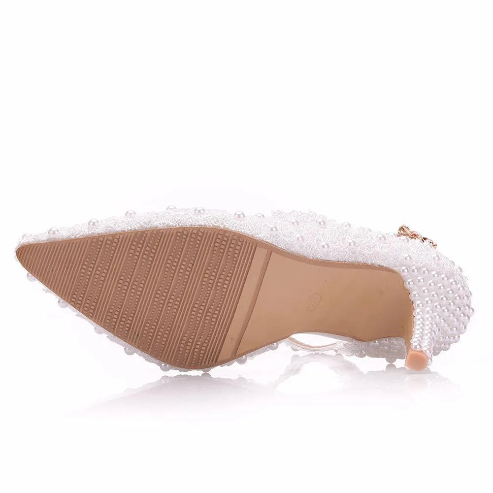 3 inch White lace pearls closed toe wedding sandals