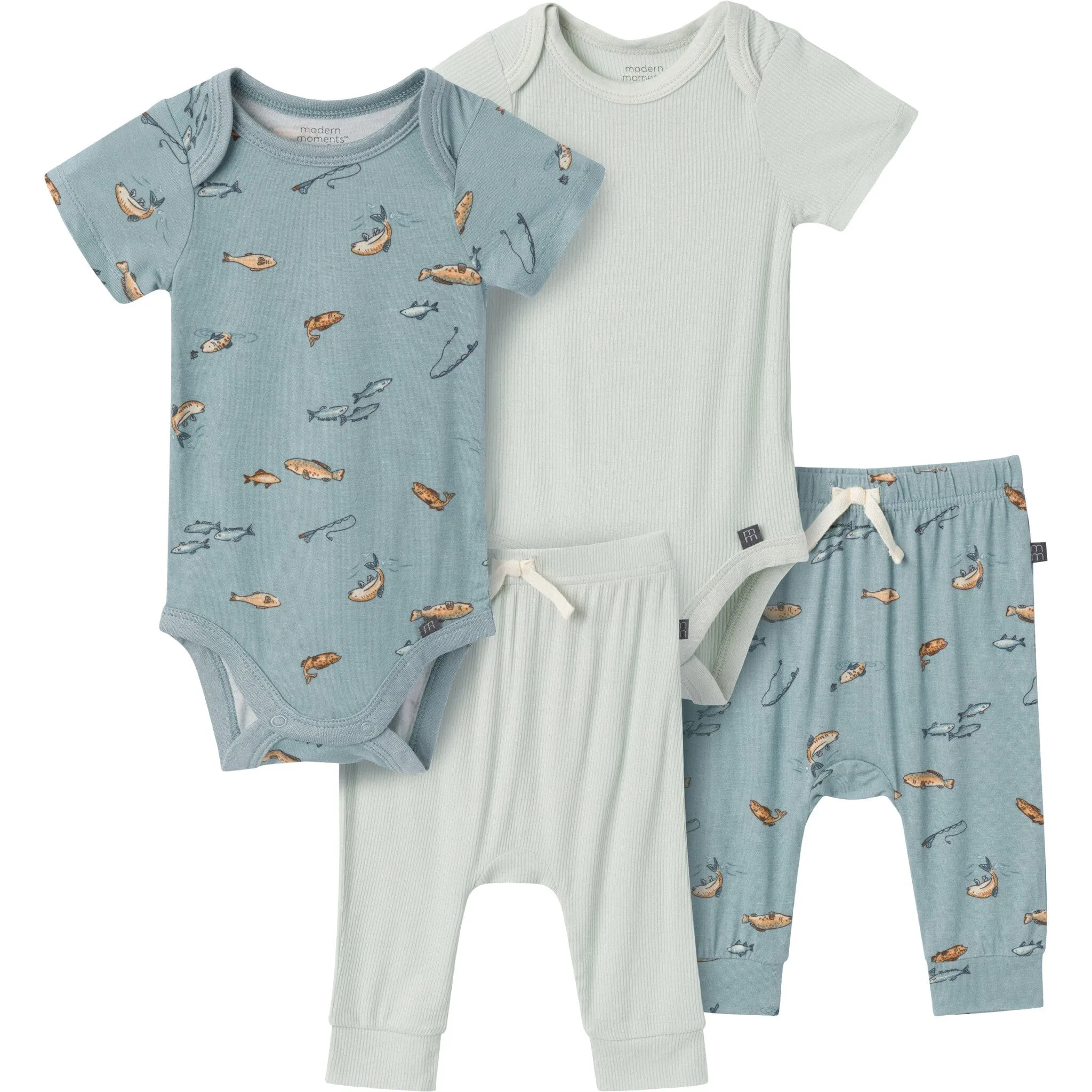 4-Piece Baby Boys Teal Fishing Bodysuits and Pants Set