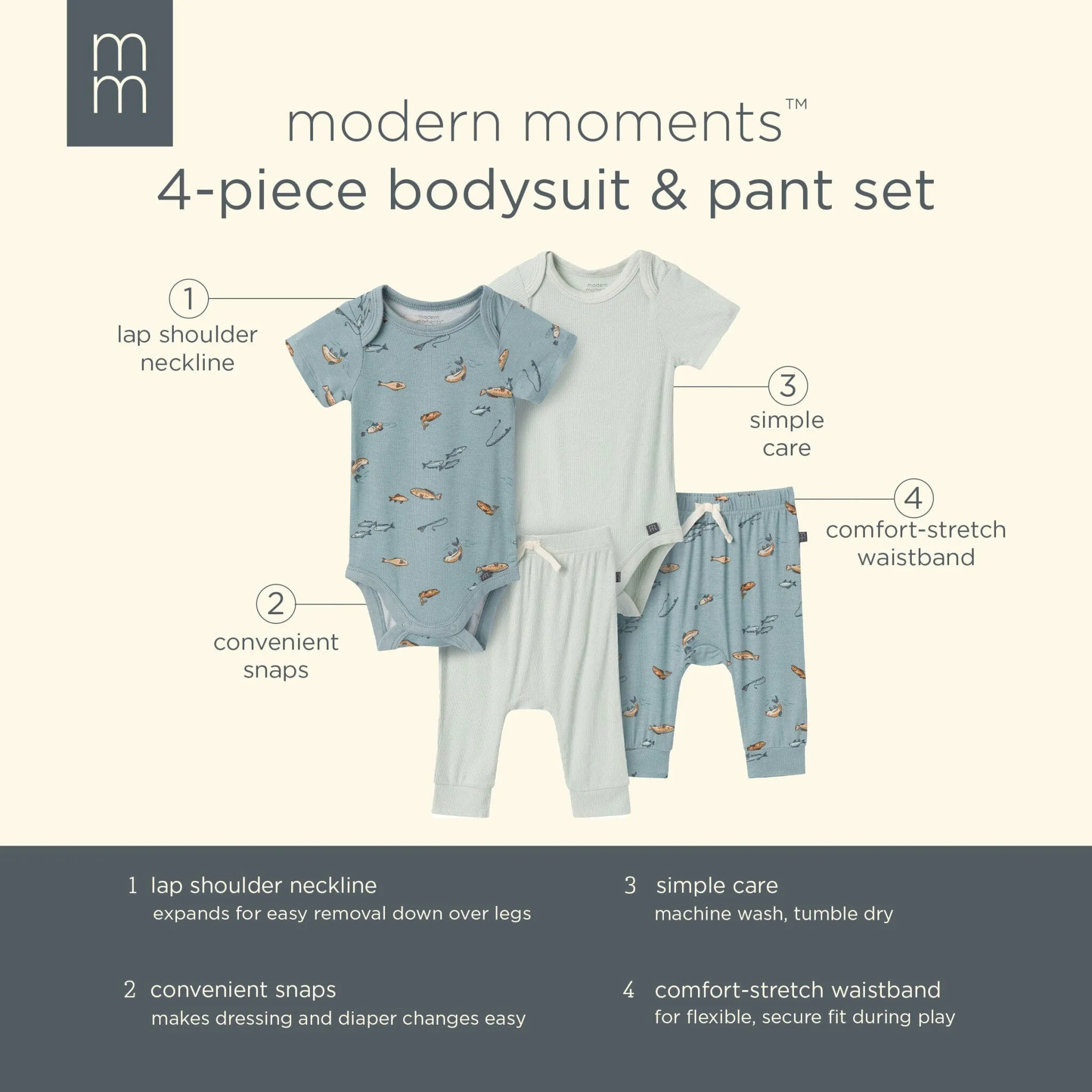 4-Piece Baby Boys Teal Fishing Bodysuits and Pants Set
