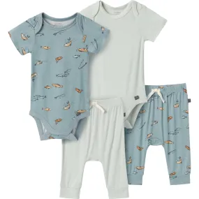 4-Piece Baby Boys Teal Fishing Bodysuits and Pants Set
