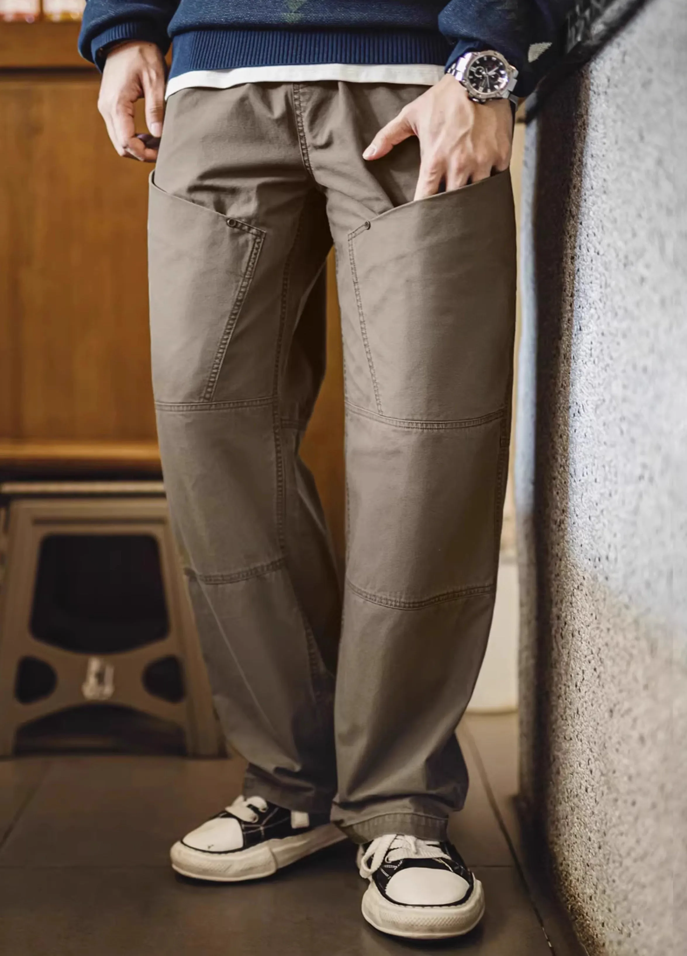 American Retro Large Pocket Vibe Loose Elastic Waist Men's Trousers