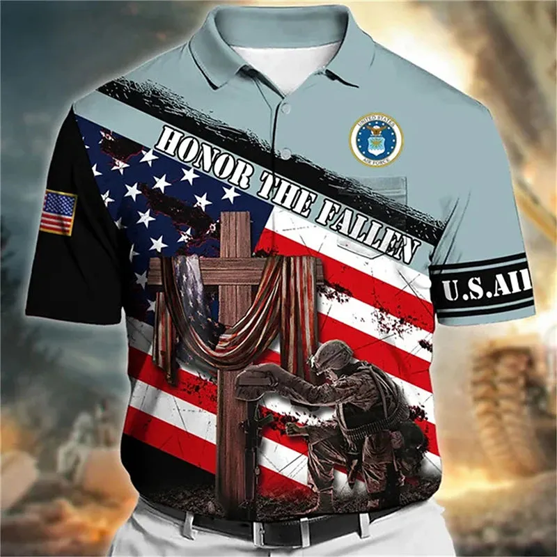 American Soldier Flag Graphic Polo Shirt for Men - Patriotic Golf Apparel