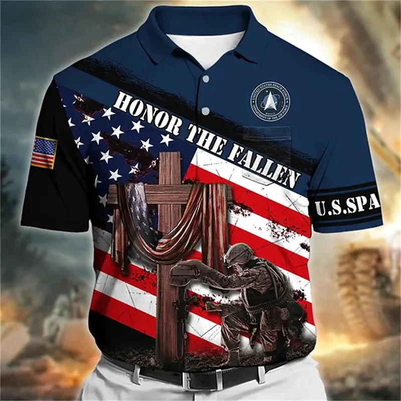 American Soldier Flag Graphic Polo Shirt for Men - Patriotic Golf Apparel