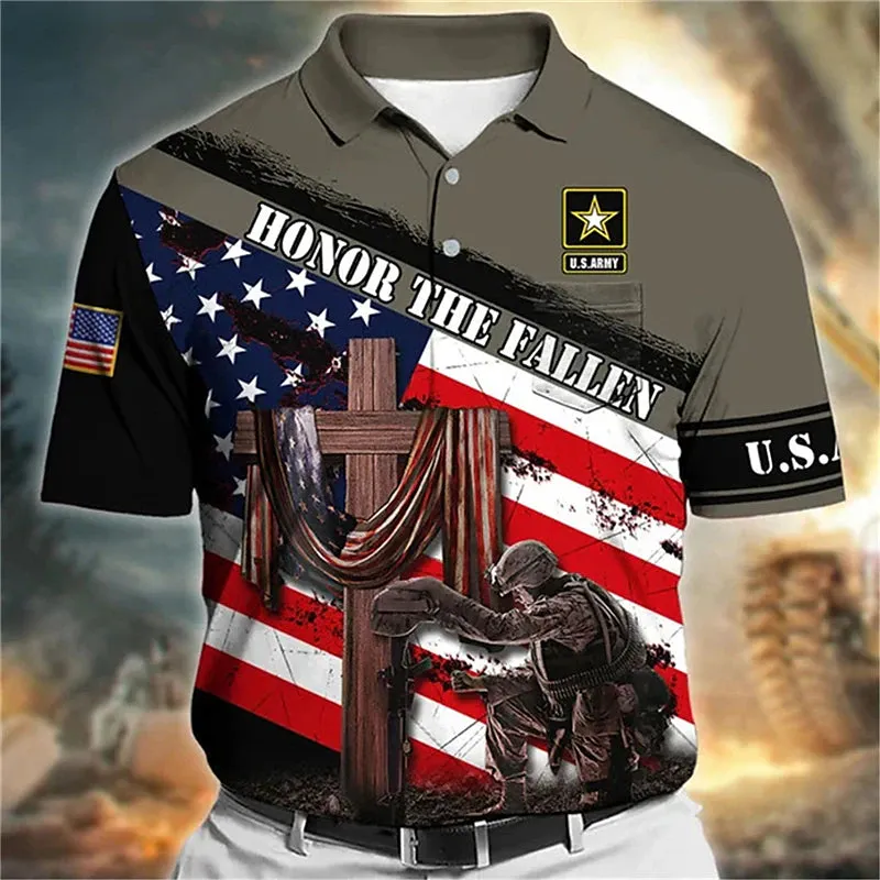 American Soldier Flag Graphic Polo Shirt for Men - Patriotic Golf Apparel