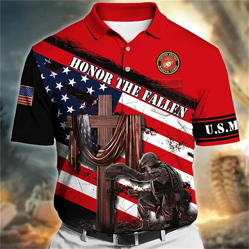 American Soldier Flag Graphic Polo Shirt for Men - Patriotic Golf Apparel
