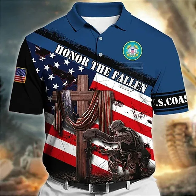 American Soldier Flag Graphic Polo Shirt for Men - Patriotic Golf Apparel