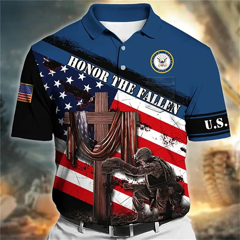 American Soldier Flag Graphic Polo Shirt for Men - Patriotic Golf Apparel