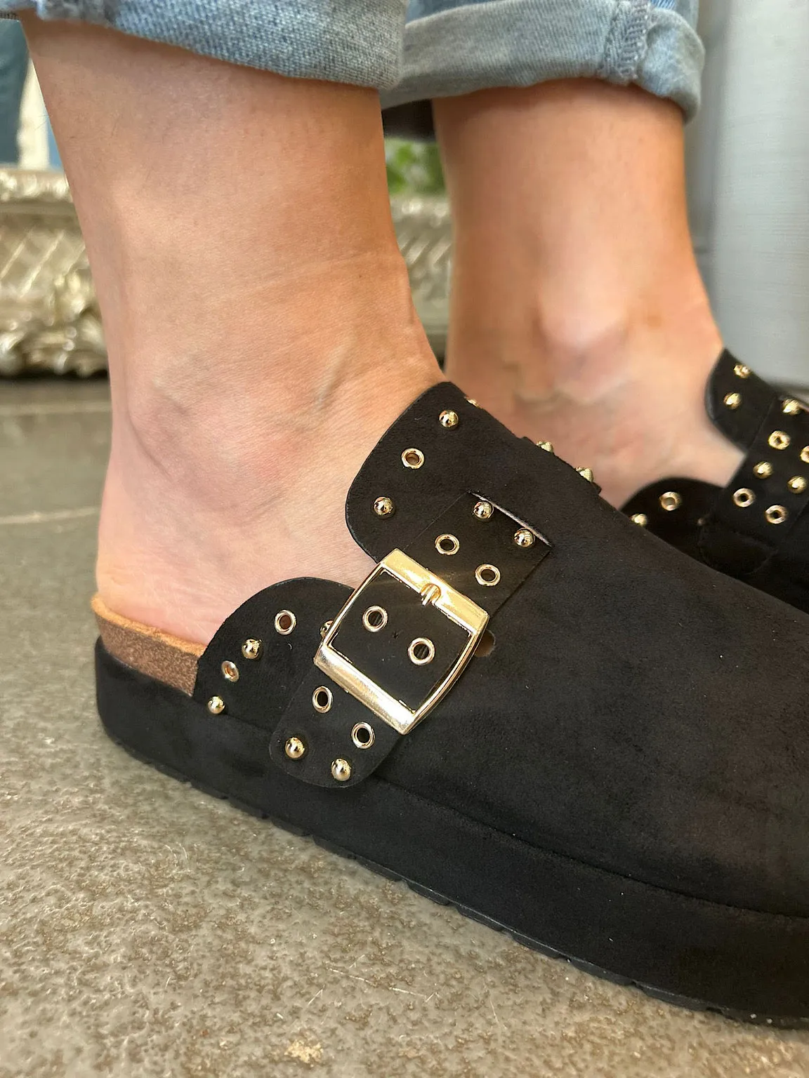 Black Faux Suede Slip On Mule