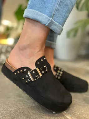Black Faux Suede Slip On Mule
