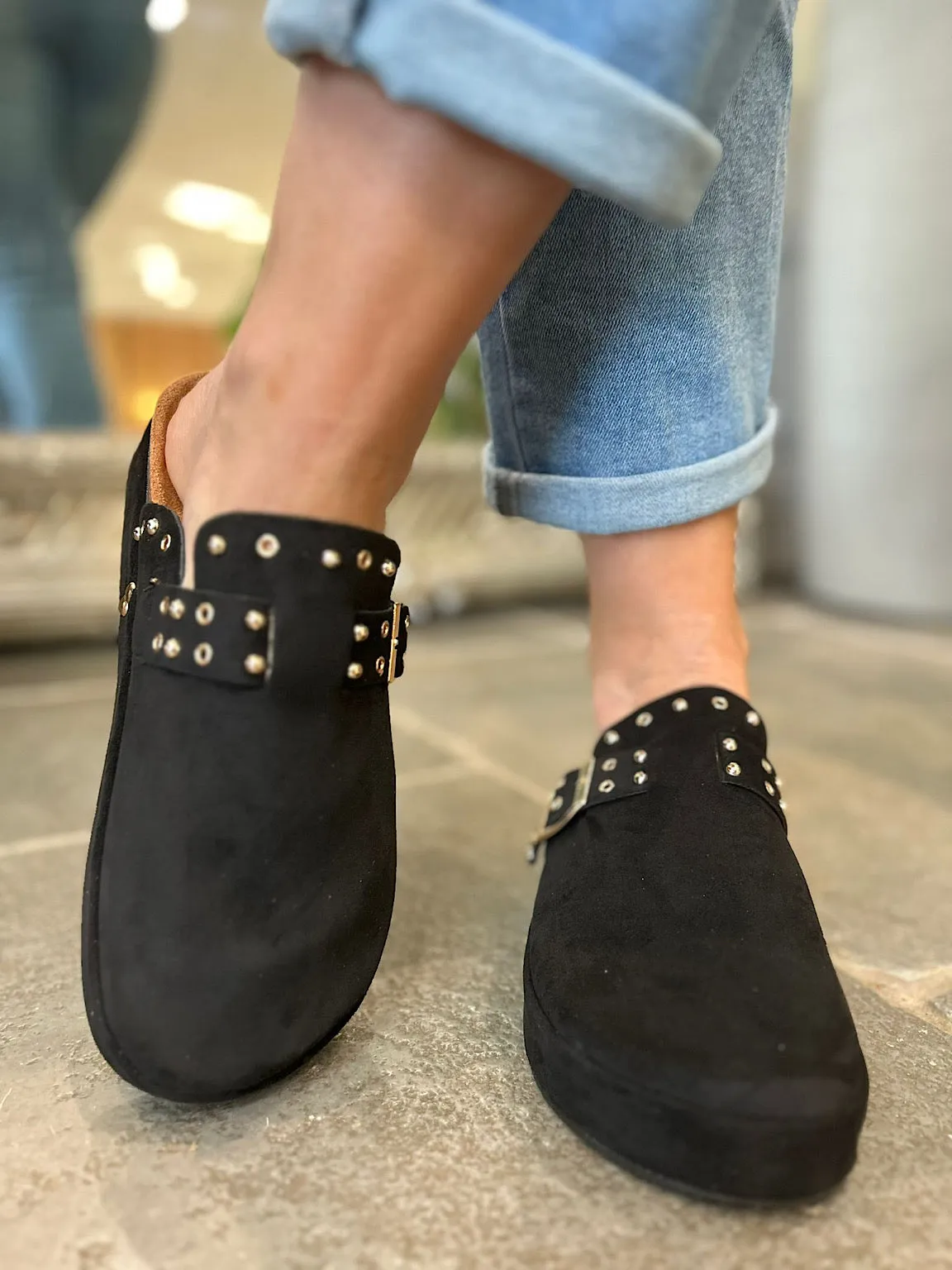 Black Faux Suede Slip On Mule