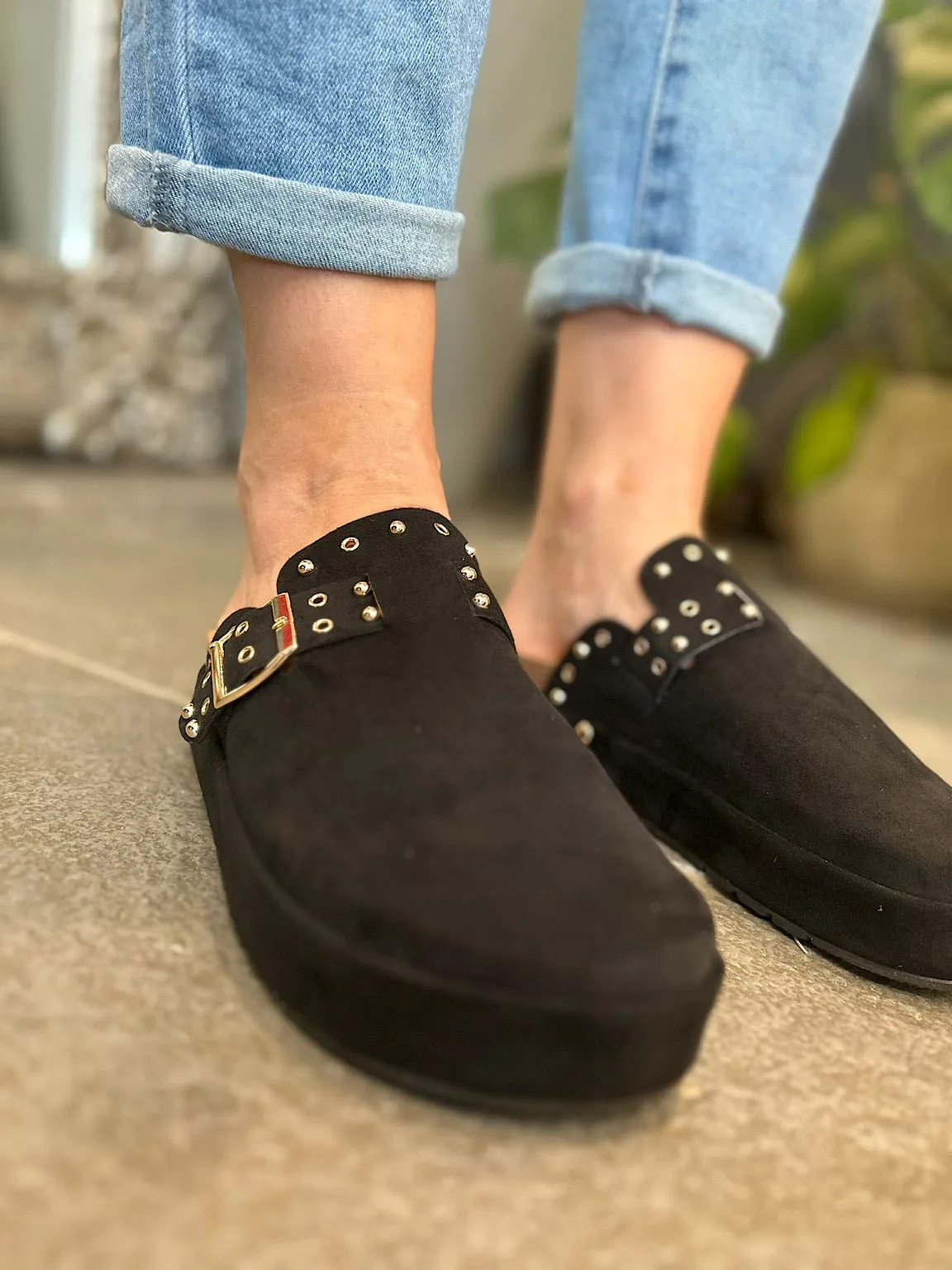 Black Faux Suede Slip On Mule
