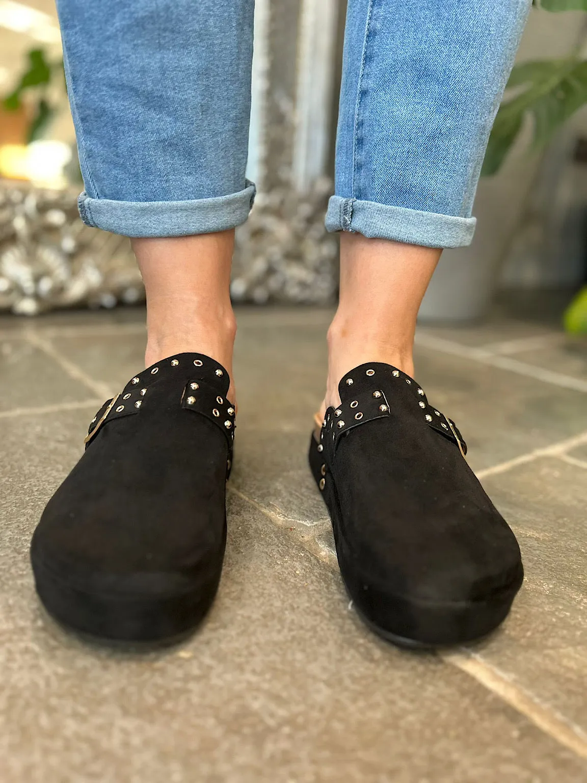 Black Faux Suede Slip On Mule