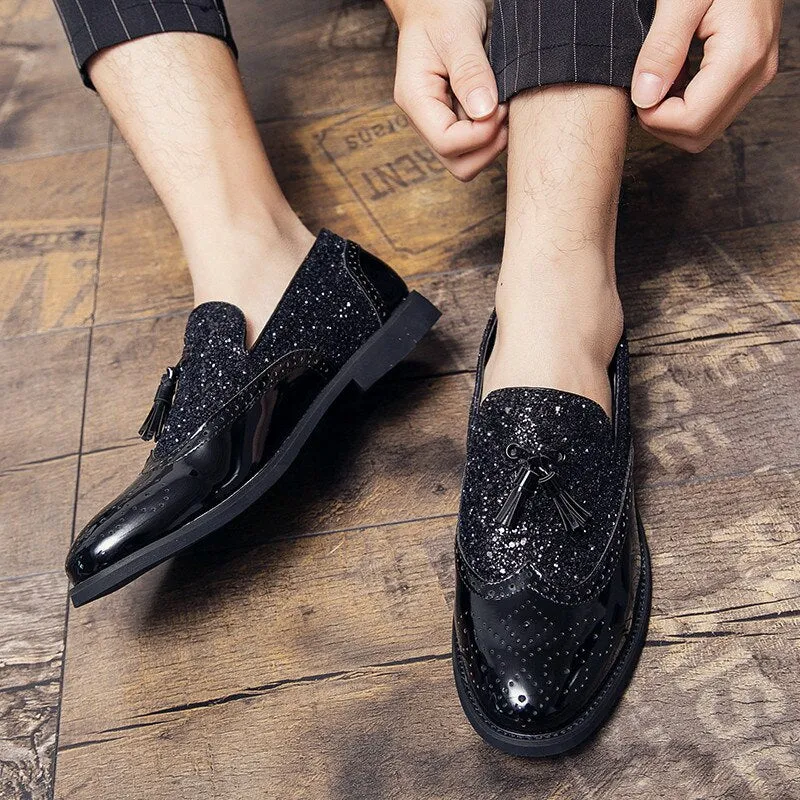 Brand Gold Tassel Leather Men Shoes Designer Glitter Brogue