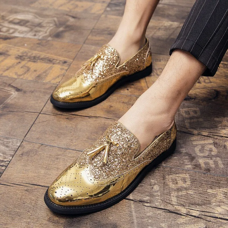 Brand Gold Tassel Leather Men Shoes Designer Glitter Brogue