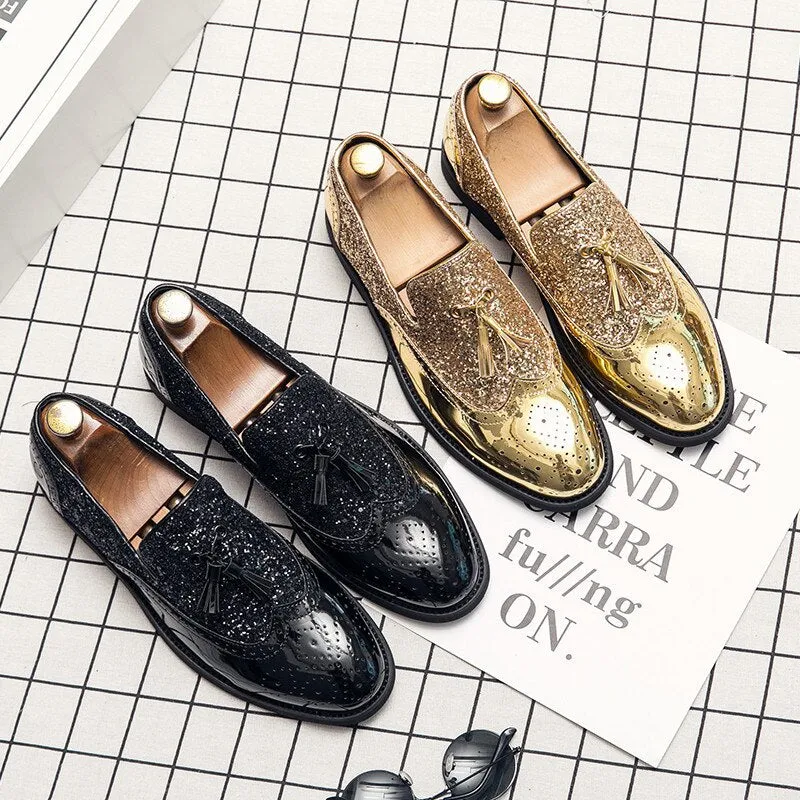 Brand Gold Tassel Leather Men Shoes Designer Glitter Brogue
