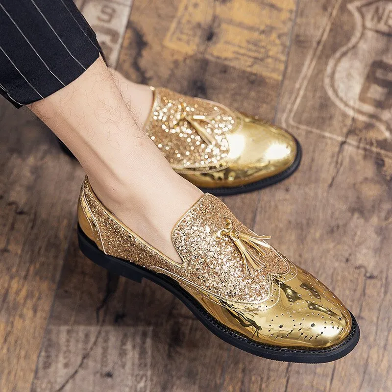 Brand Gold Tassel Leather Men Shoes Designer Glitter Brogue