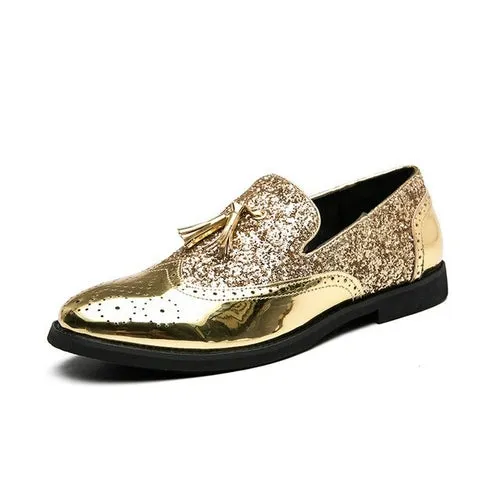 Brand Gold Tassel Leather Men Shoes Designer Glitter Brogue