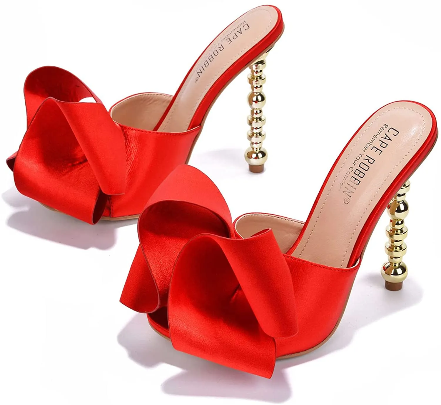 Cape Robbin Salsa Red Sexy High Heels Ribbon Open Toe Gold Sculptural Oval Pumps