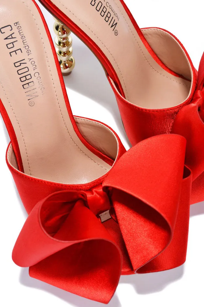 Cape Robbin Salsa Red Sexy High Heels Ribbon Open Toe Gold Sculptural Oval Pumps