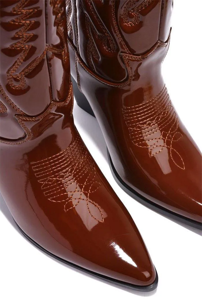 Cape Robbin Southern Belle Western Tall Shaft Pointed Toe Block Heel Cowboy Boot (7, BROWN)