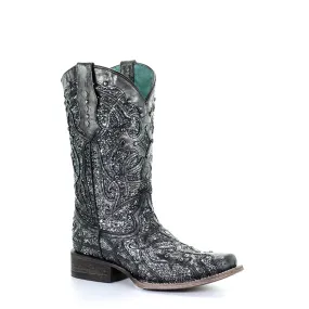 Corral Womens Glittered Inlay Studs Black/Silver Cowhide Cowboy Boots
