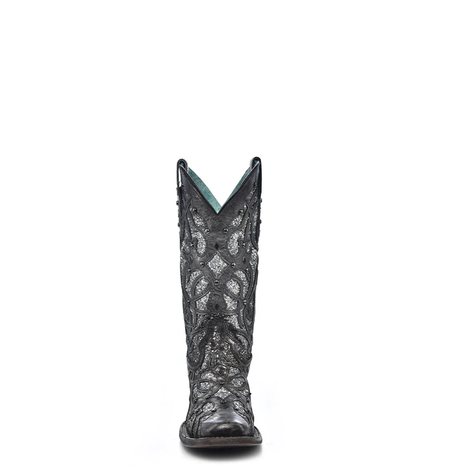 Corral Womens Glittered Inlay Studs Black/Silver Cowhide Cowboy Boots