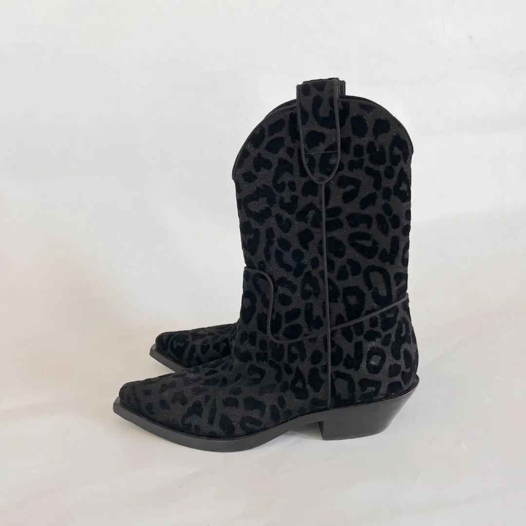 Dolce & Gabbana Black Animal Print Lurex and Velvet Cowboy Boots Size, 36