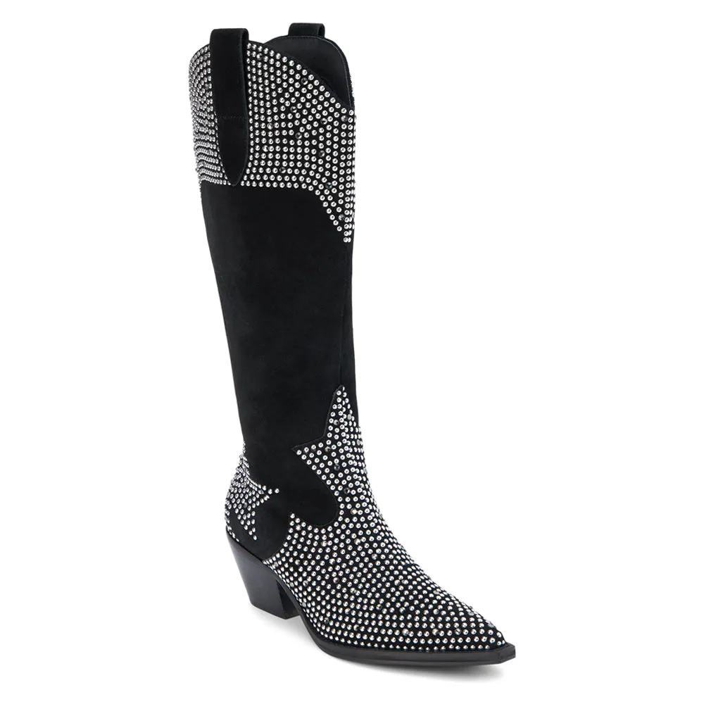 Dumplin Rhinestone Studded Pointed Toe Pull On Cowboy Boots