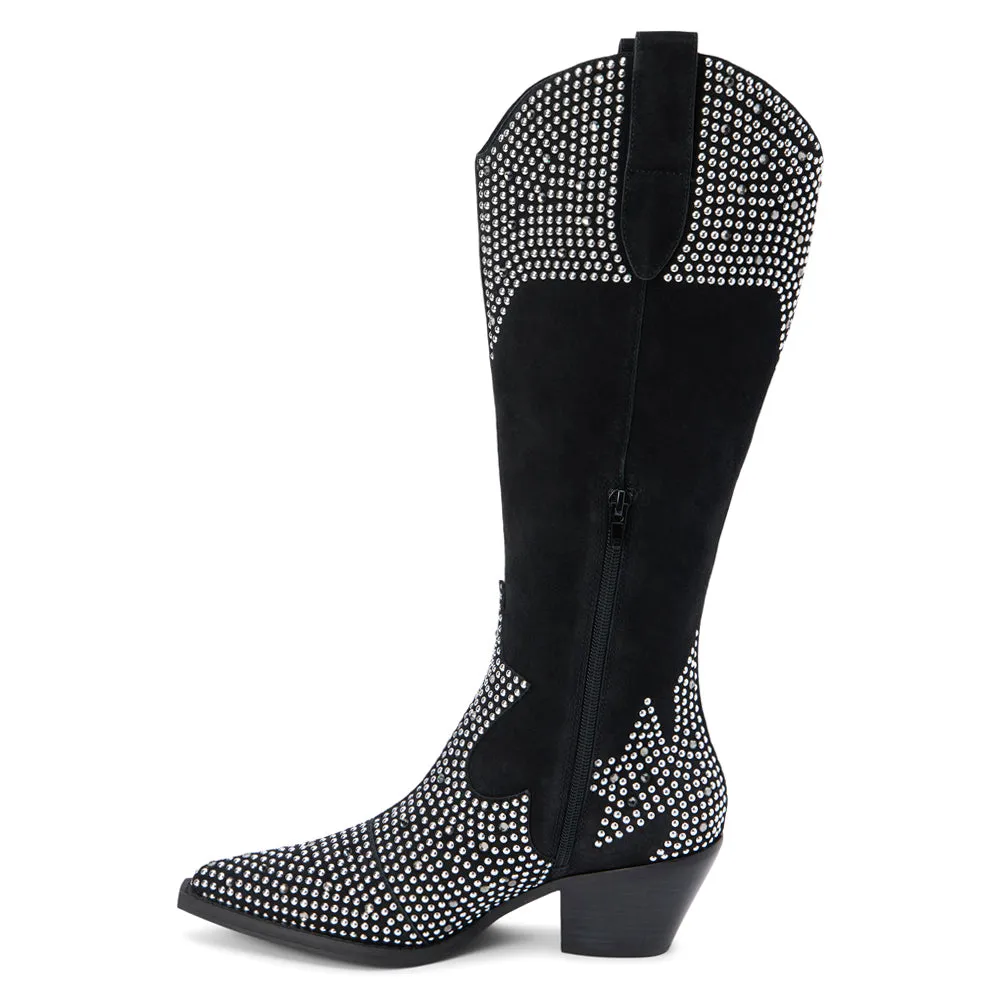 Dumplin Rhinestone Studded Pointed Toe Pull On Cowboy Boots