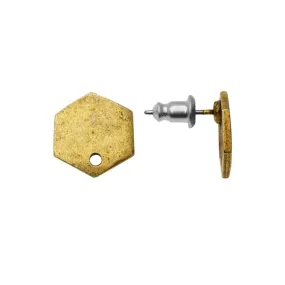 Earring Posts, Flat Tag Mini Hexagon 12mm, Antiqued Gold, by Nunn Design (1 Pair)