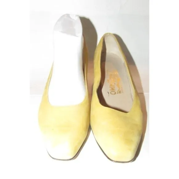 Ferragamo Yellow Suede Kitten Heels Pumps