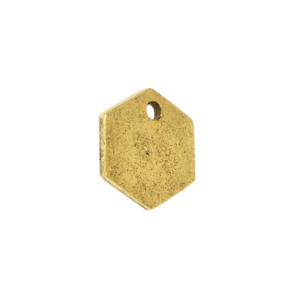 Flat Tag Pendant, Mini Hexagon 12mm, Antiqued Gold, by Nunn Design (1 Piece)