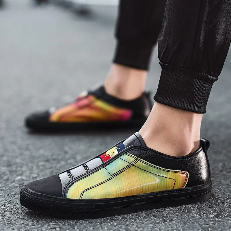 High Quality Black Genuine Leather Mens Fashion Sneakers Flat Discoloration Casual Shoes Men Slip-on Designer Shoes for Men