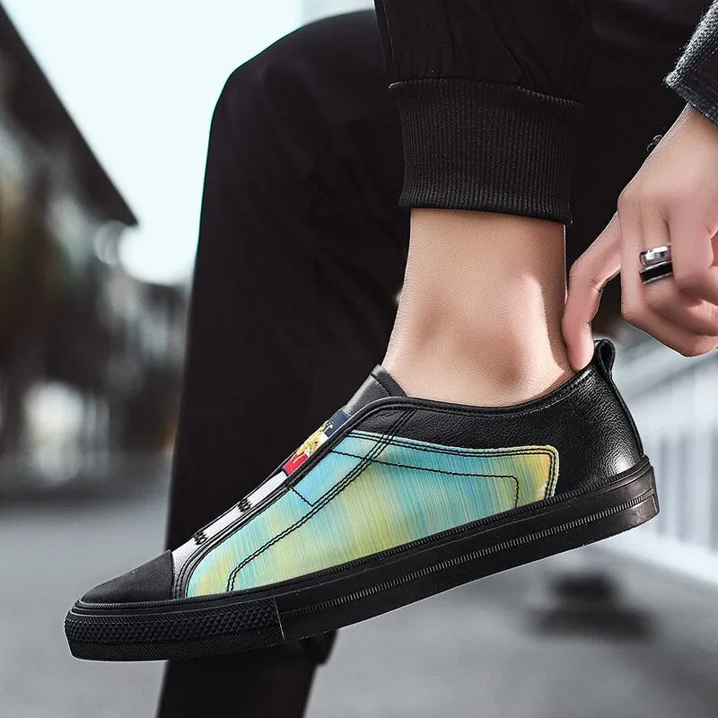 High Quality Black Genuine Leather Mens Fashion Sneakers Flat Discoloration Casual Shoes Men Slip-on Designer Shoes for Men