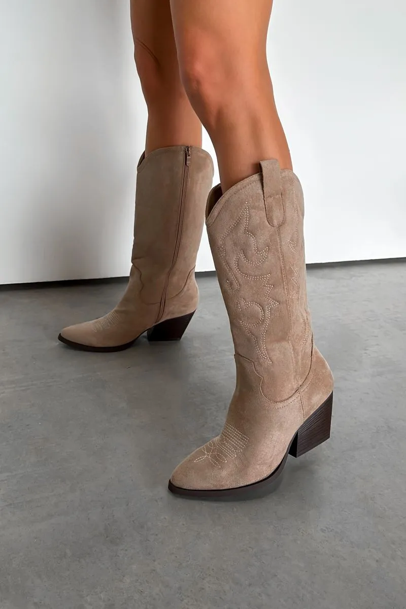 HOUSTON Mid Calf Cowboy Western Boots - Beige