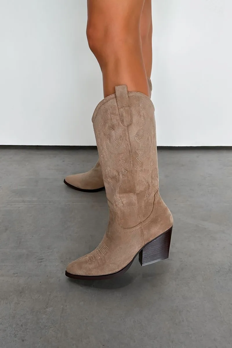 HOUSTON Mid Calf Cowboy Western Boots - Beige