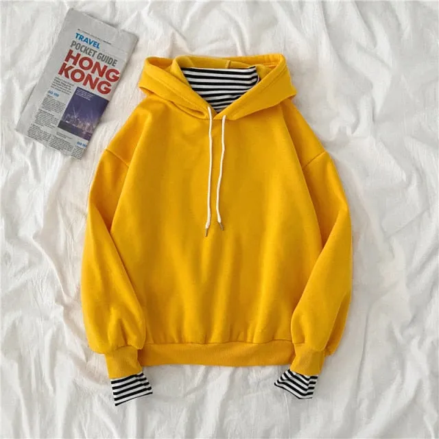 Hulianfu autumn winter Fake two-piece oversized women sweatshirt Korean style fleece hoodie Casual Pullovers harajuku solid streetwear