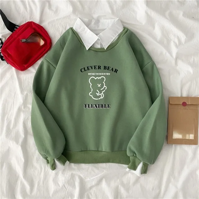 Hulianfu autumn winter Fake two-piece oversized women sweatshirt Korean style fleece hoodie Casual Pullovers harajuku solid streetwear