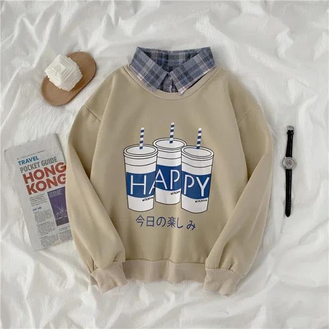 Hulianfu autumn winter Fake two-piece oversized women sweatshirt Korean style fleece hoodie Casual Pullovers harajuku solid streetwear