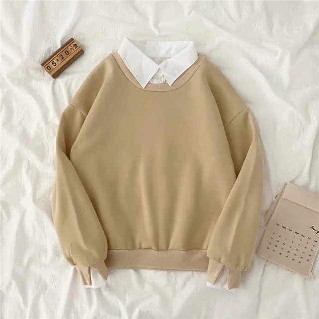 Hulianfu autumn winter Fake two-piece oversized women sweatshirt Korean style fleece hoodie Casual Pullovers harajuku solid streetwear