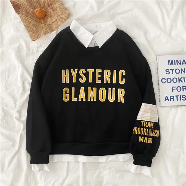 Hulianfu autumn winter Fake two-piece oversized women sweatshirt Korean style fleece hoodie Casual Pullovers harajuku solid streetwear