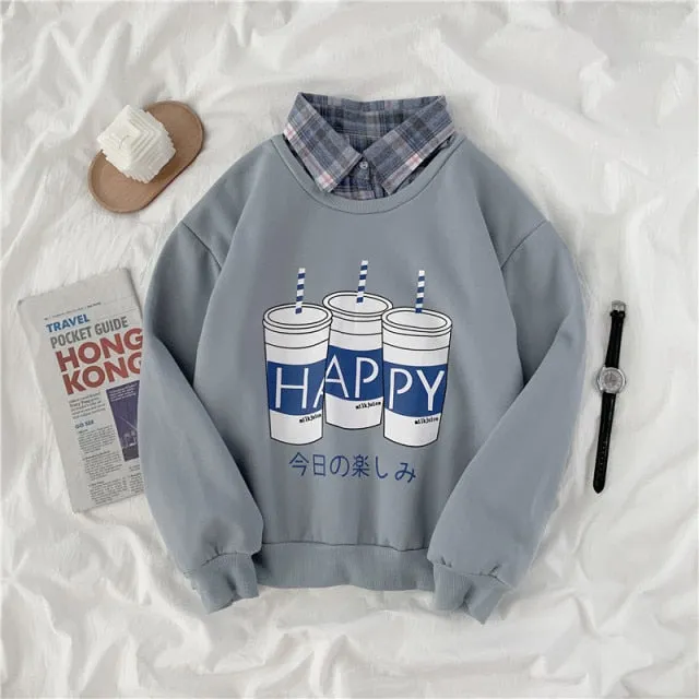 Hulianfu autumn winter Fake two-piece oversized women sweatshirt Korean style fleece hoodie Casual Pullovers harajuku solid streetwear