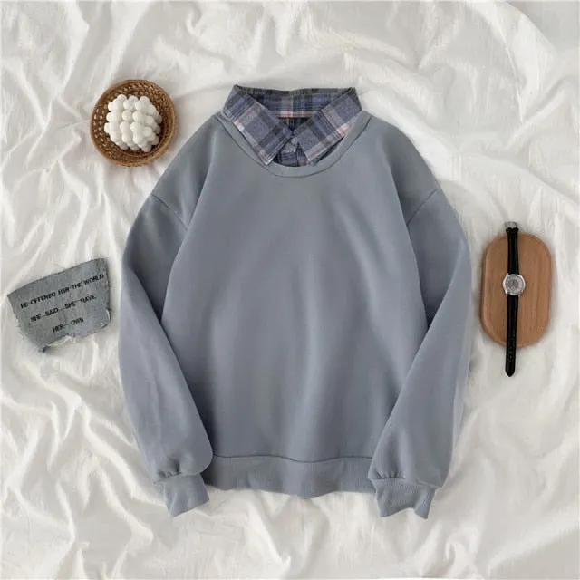 Hulianfu autumn winter Fake two-piece oversized women sweatshirt Korean style fleece hoodie Casual Pullovers harajuku solid streetwear