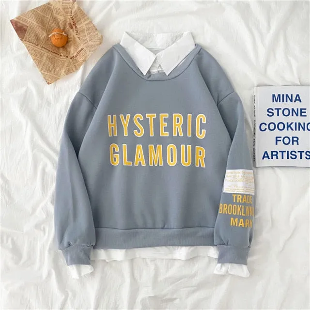 Hulianfu autumn winter Fake two-piece oversized women sweatshirt Korean style fleece hoodie Casual Pullovers harajuku solid streetwear
