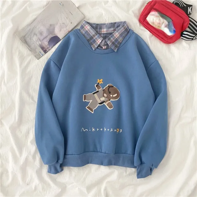 Hulianfu autumn winter Fake two-piece oversized women sweatshirt Korean style fleece hoodie Casual Pullovers harajuku solid streetwear