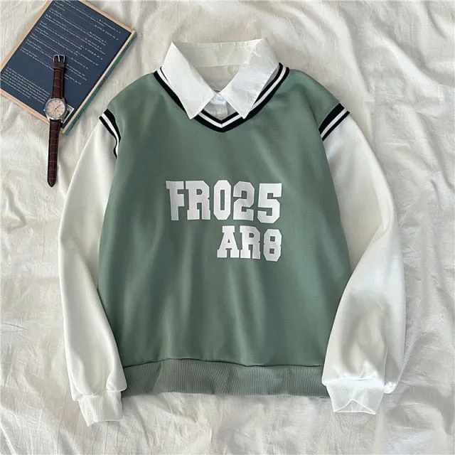 Hulianfu autumn winter Fake two-piece oversized women sweatshirt Korean style fleece hoodie Casual Pullovers harajuku solid streetwear